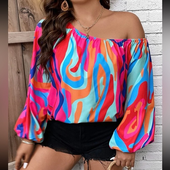Boho geo print one shoulder blouse - Picture 2 of 9
